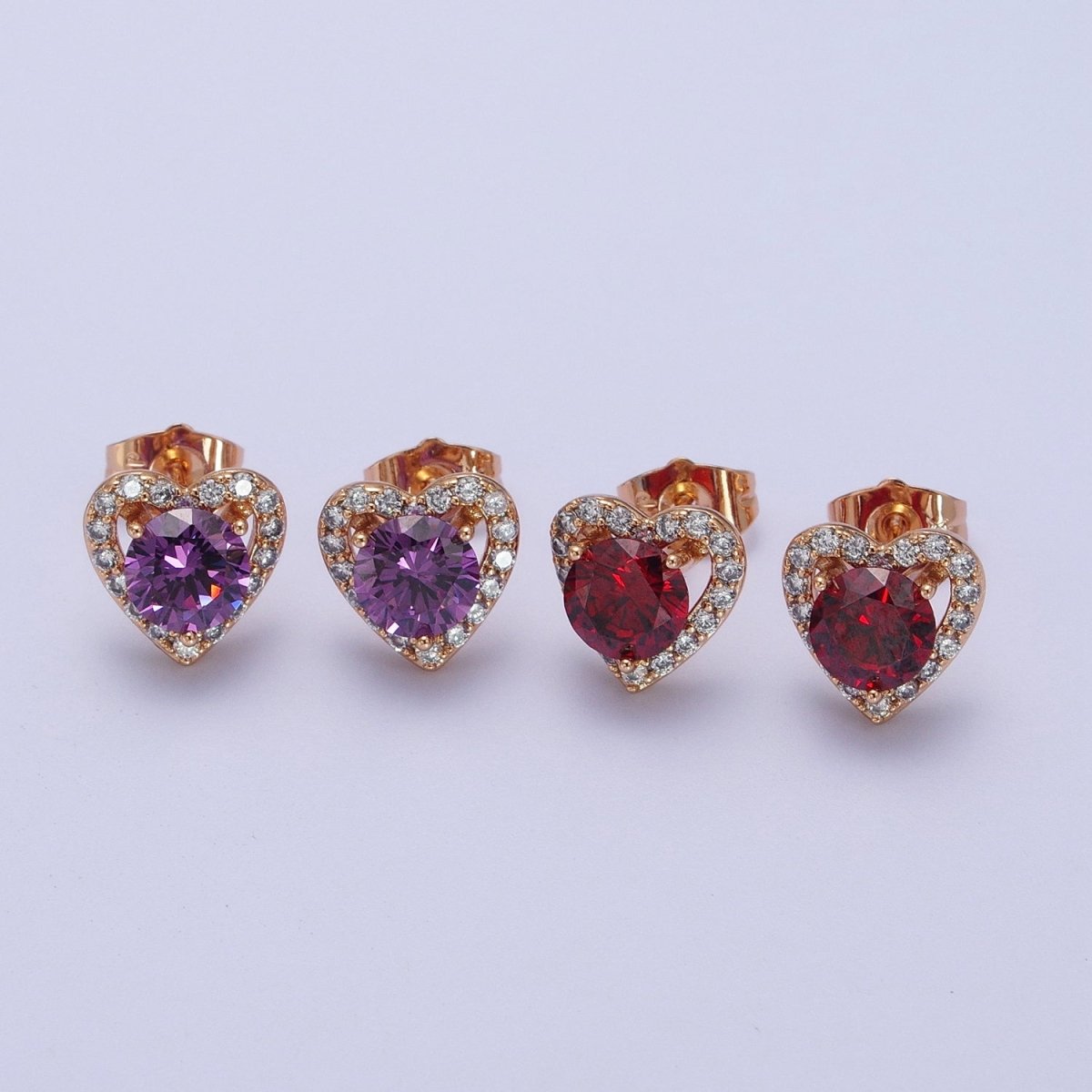 16K Gold Filled Red, Purple Heart CZ Micro Paved Open Stud Earrings | V015