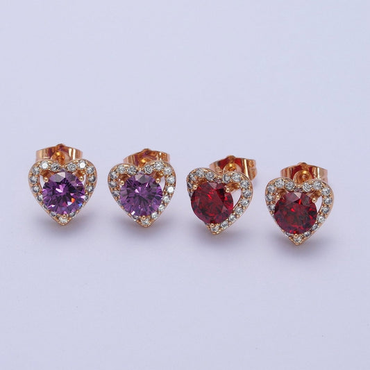 16K Gold Filled Red, Purple Heart CZ Micro Paved Open Stud Earrings | V015