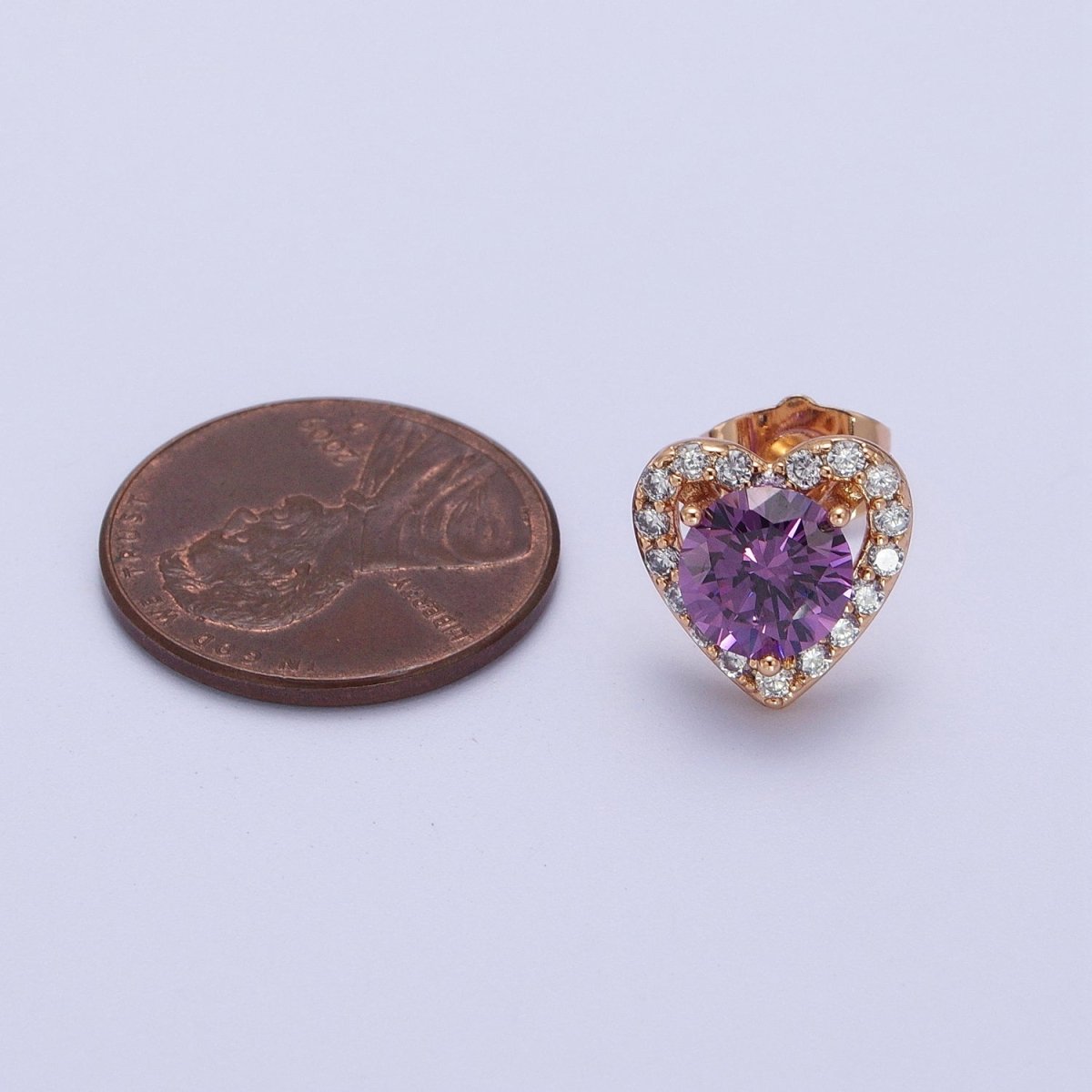 16K Gold Filled Red, Purple Heart CZ Micro Paved Open Stud Earrings | V015