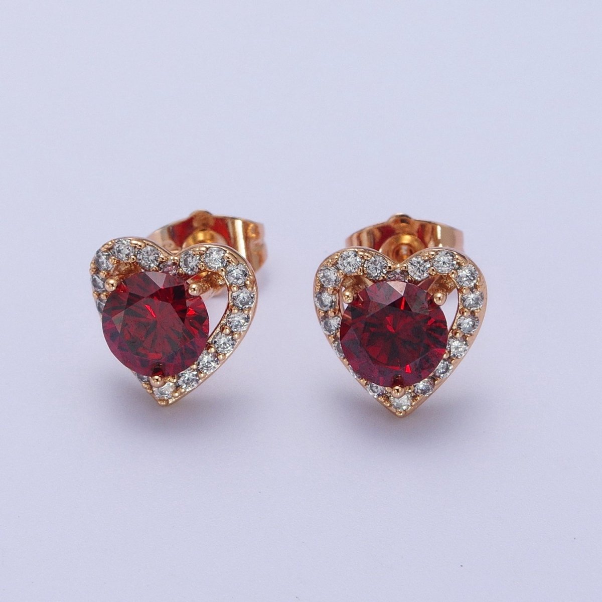16K Gold Filled Red, Purple Heart CZ Micro Paved Open Stud Earrings | V015