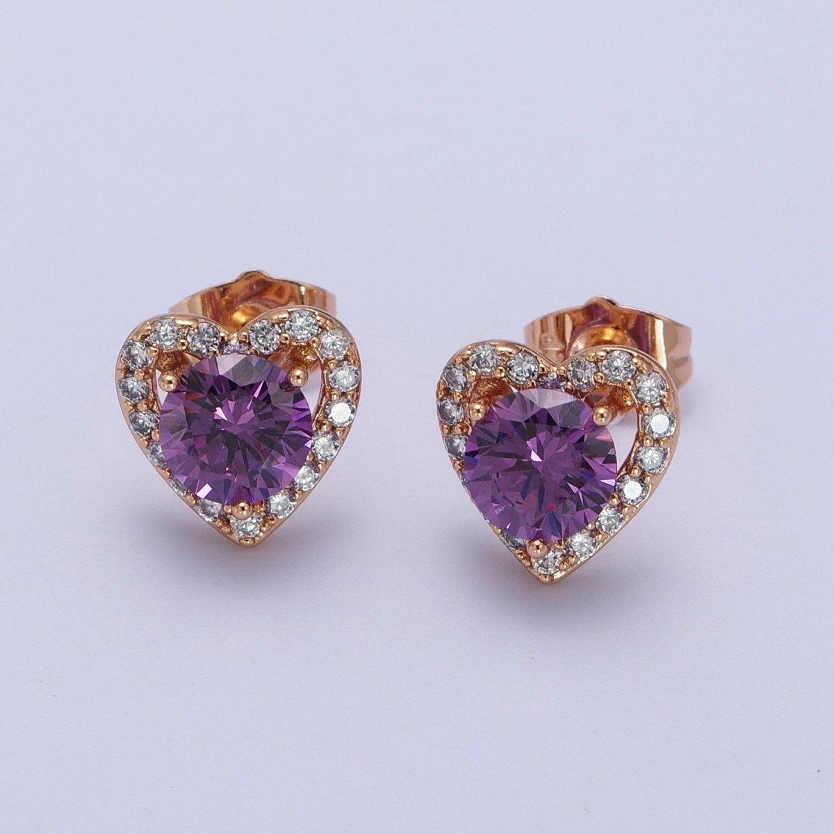 16K Gold Filled Red, Purple Heart CZ Micro Paved Open Stud Earrings | V015