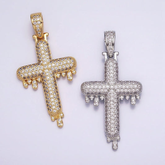 16K Gold Filled Religious Cross Micro Paved CZ Drip 50mm Pendant in Gold & Silver | AA377 AA378