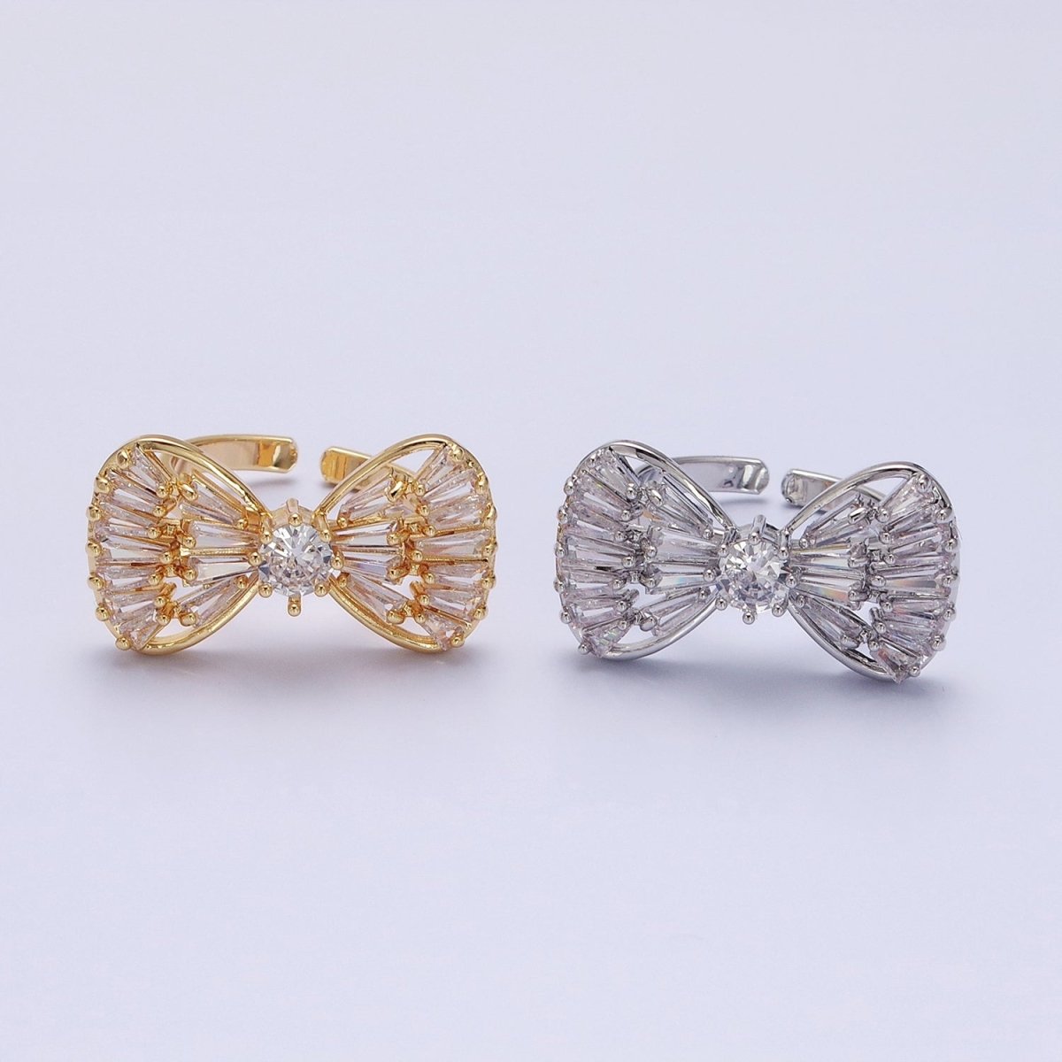 16K Gold Filled Ribbon Bow Baguette Ring in Gold & Silver | O-559 O-560