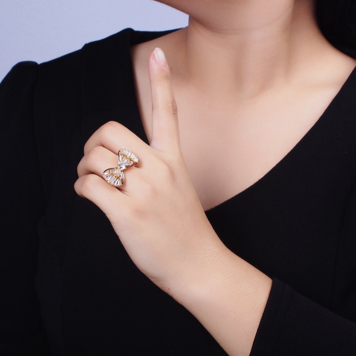 16K Gold Filled Ribbon Bow Baguette Ring in Gold & Silver | O-559 O-560