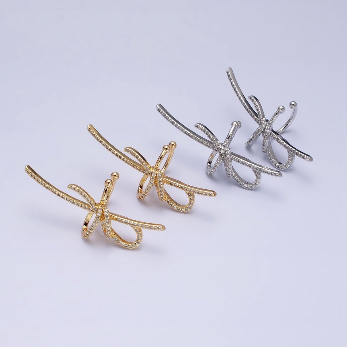 16K Gold Filled Ribbon Linear Micro Paved CZ Statement Ear Cuff Earrings in Gold & Silver | AI-009 AI-010