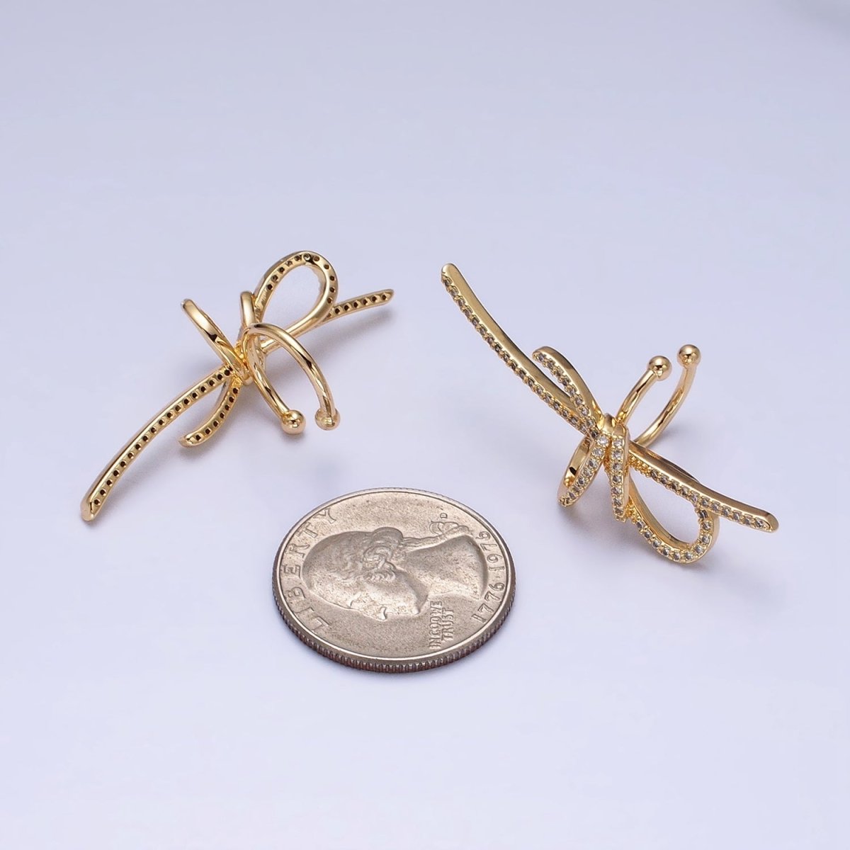 16K Gold Filled Ribbon Linear Micro Paved CZ Statement Ear Cuff Earrings in Gold & Silver | AI-009 AI-010