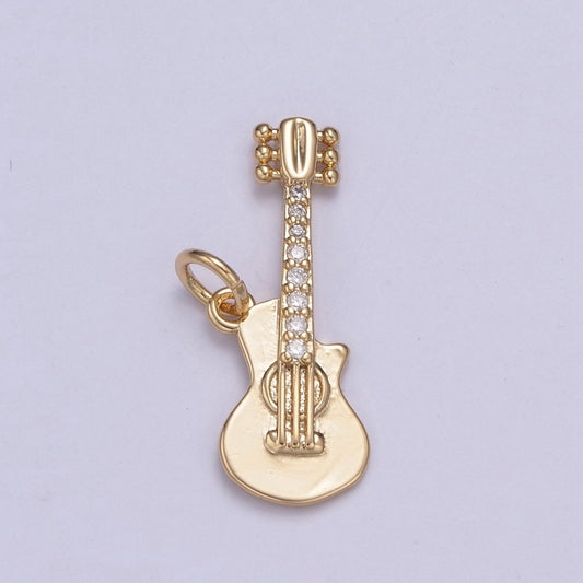 16k Gold Filled Rock n Roll Tiny Guitar Charm Musician Guitarist with CZ Pendant Necklace N-429