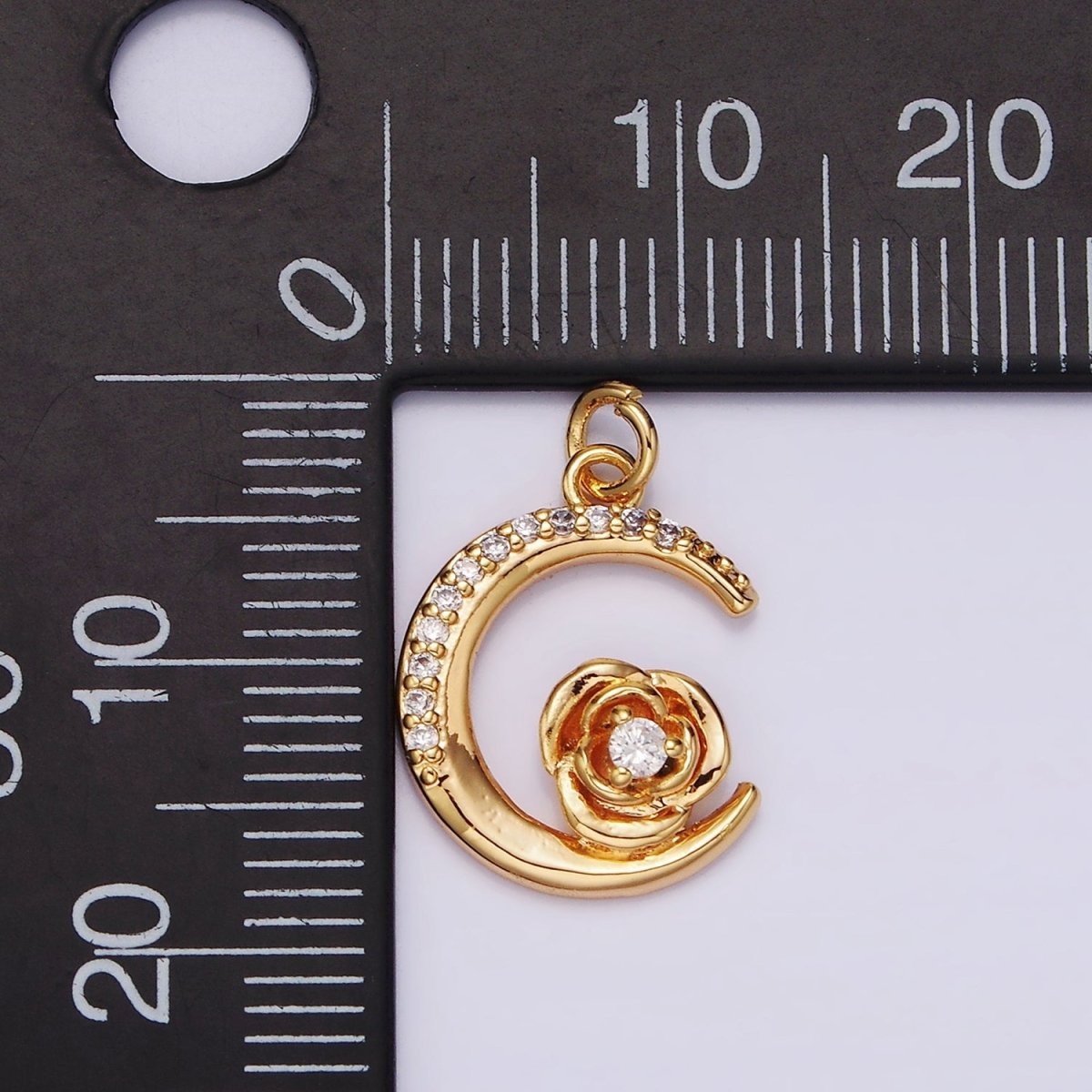 16K Gold Filled Rose Flower Celestial Crescent Moon Micro Paved Charm | AG094