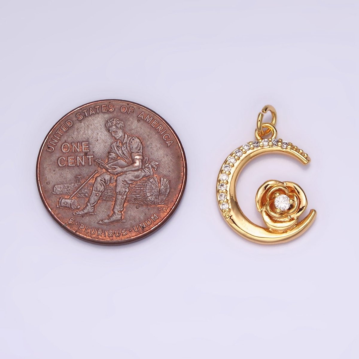 16K Gold Filled Rose Flower Celestial Crescent Moon Micro Paved Charm | AG094