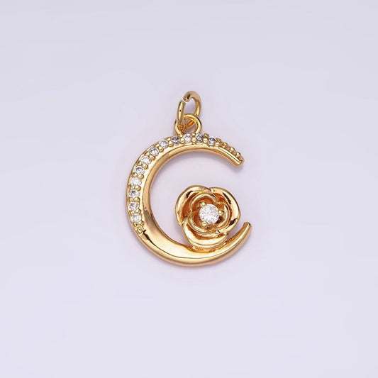 16K Gold Filled Rose Flower Celestial Crescent Moon Micro Paved Charm | AG094