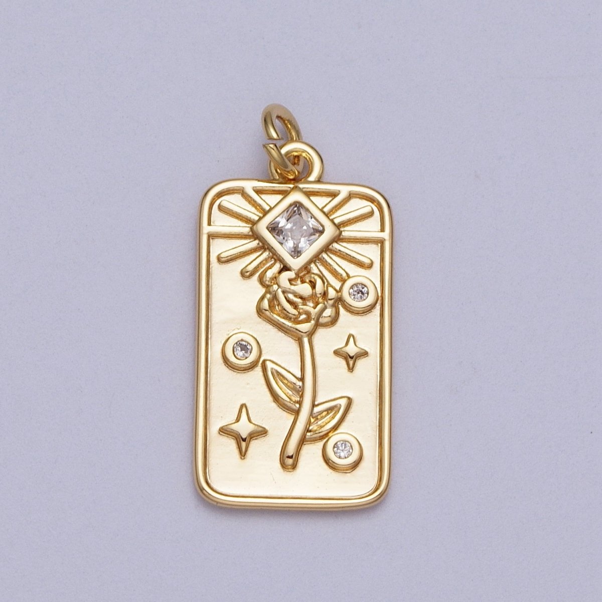 16K Gold Filled Rose Flower Clear CZ Rhombus Tag Charm E-428