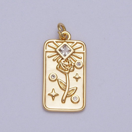 16K Gold Filled Rose Flower Clear CZ Rhombus Tag Charm E-428