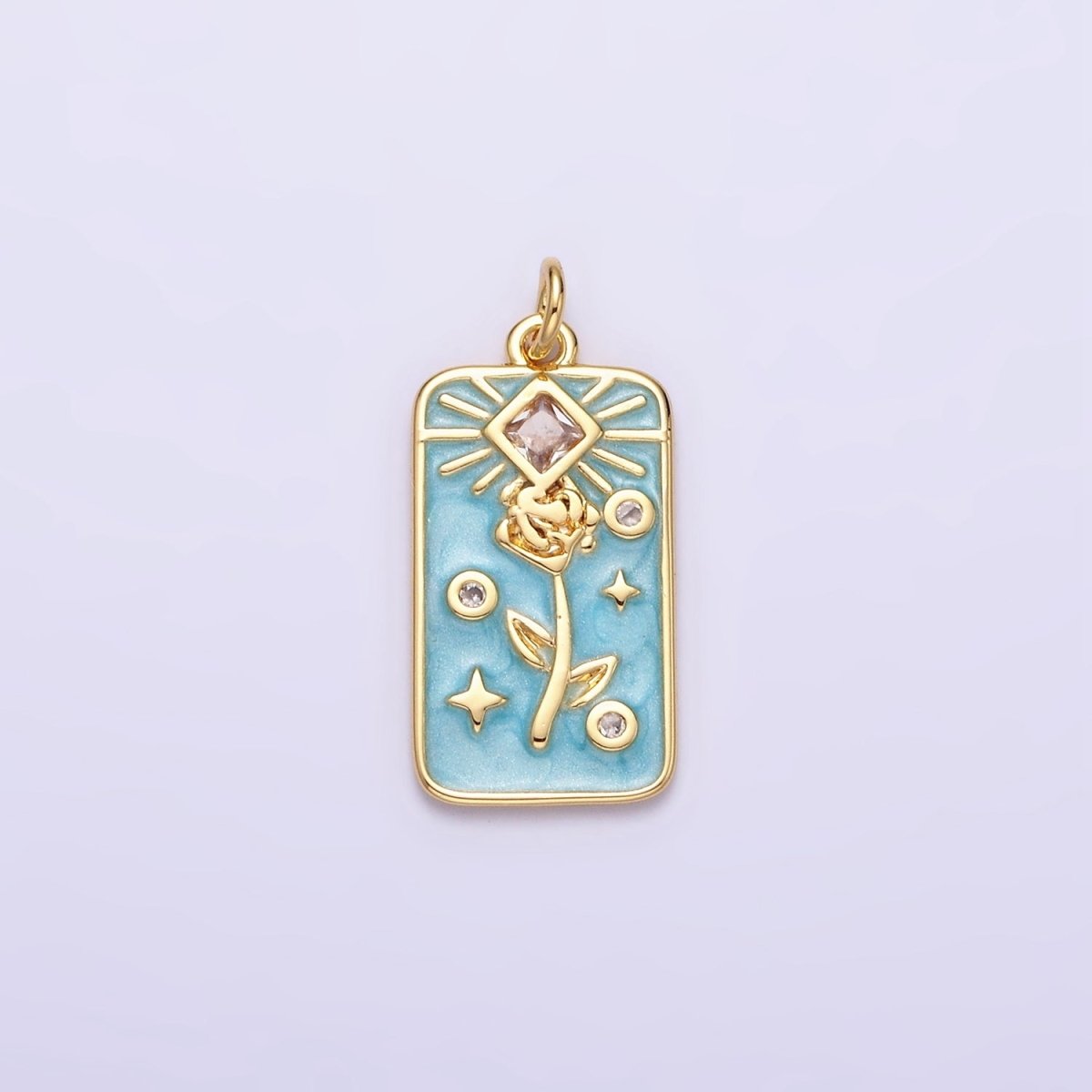 16K Gold Filled Rose Flower Clear Rhombus White, Pink, Blue Sparkly Enamel Tag Charm | AC1362 - AC1367