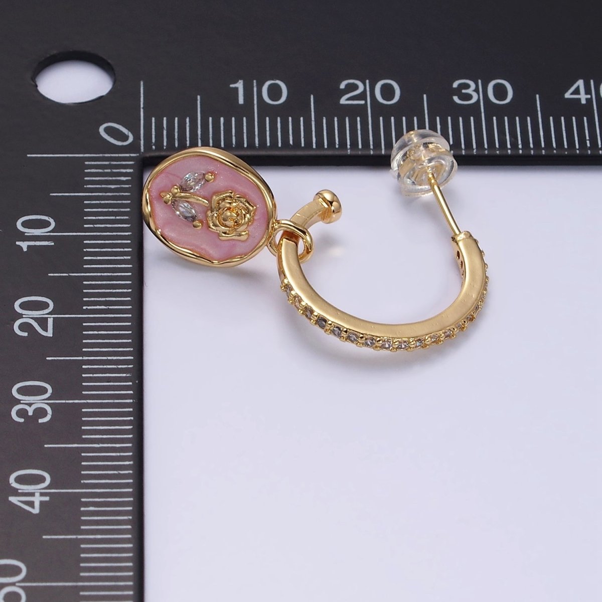 16K Gold Filled Rose Flower Marquise White, Pink Enamel Drop Micro Paved C-Shaped Hoop Earrings in Gold & Silver | AD1012 - AD1015