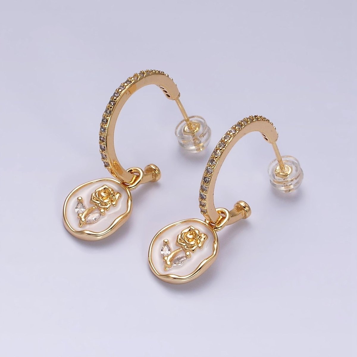16K Gold Filled Rose Flower Marquise White, Pink Enamel Drop Micro Paved C-Shaped Hoop Earrings in Gold & Silver | AD1012 - AD1015