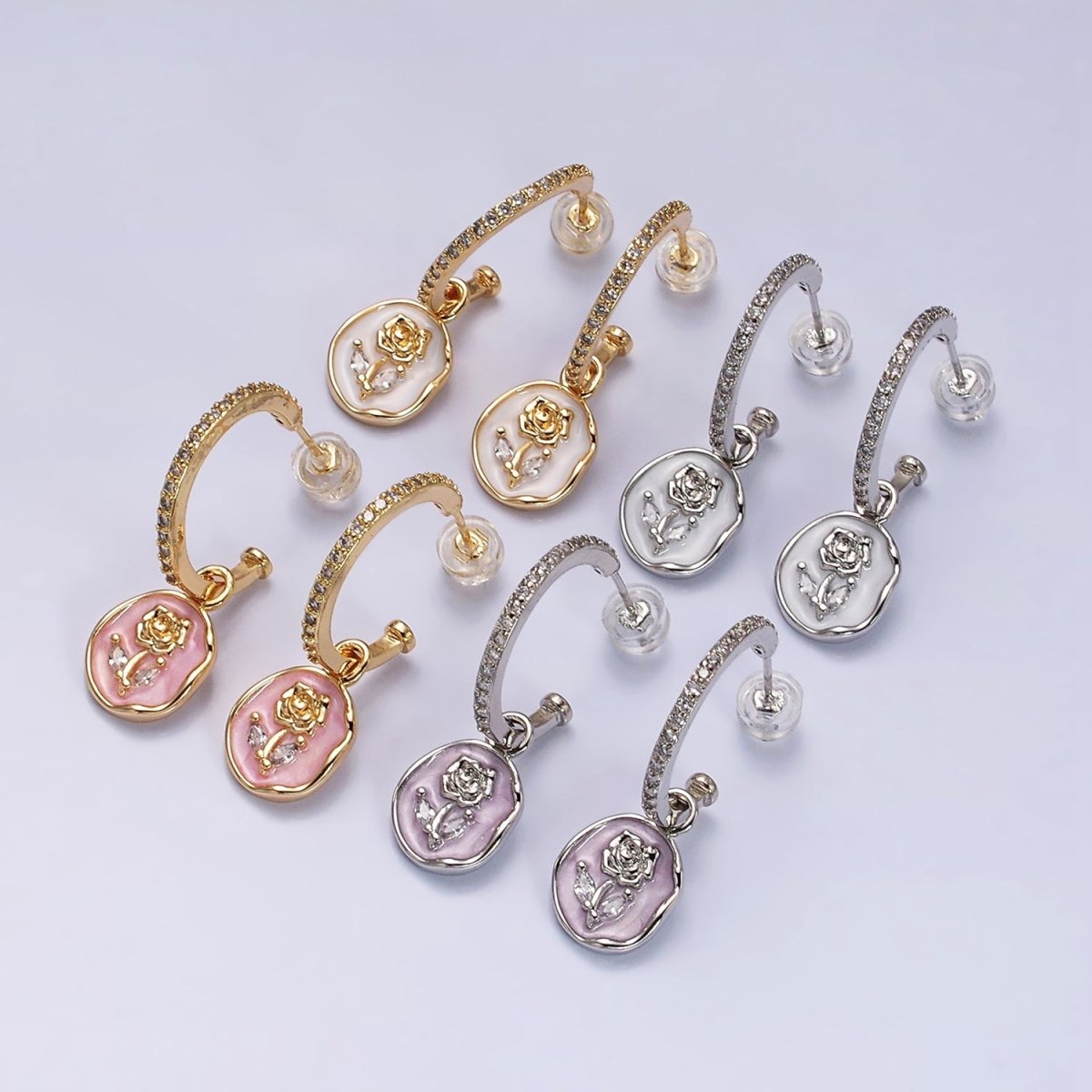 16K Gold Filled Rose Flower Marquise White, Pink Enamel Drop Micro Paved C-Shaped Hoop Earrings in Gold & Silver | AD1012 - AD1015