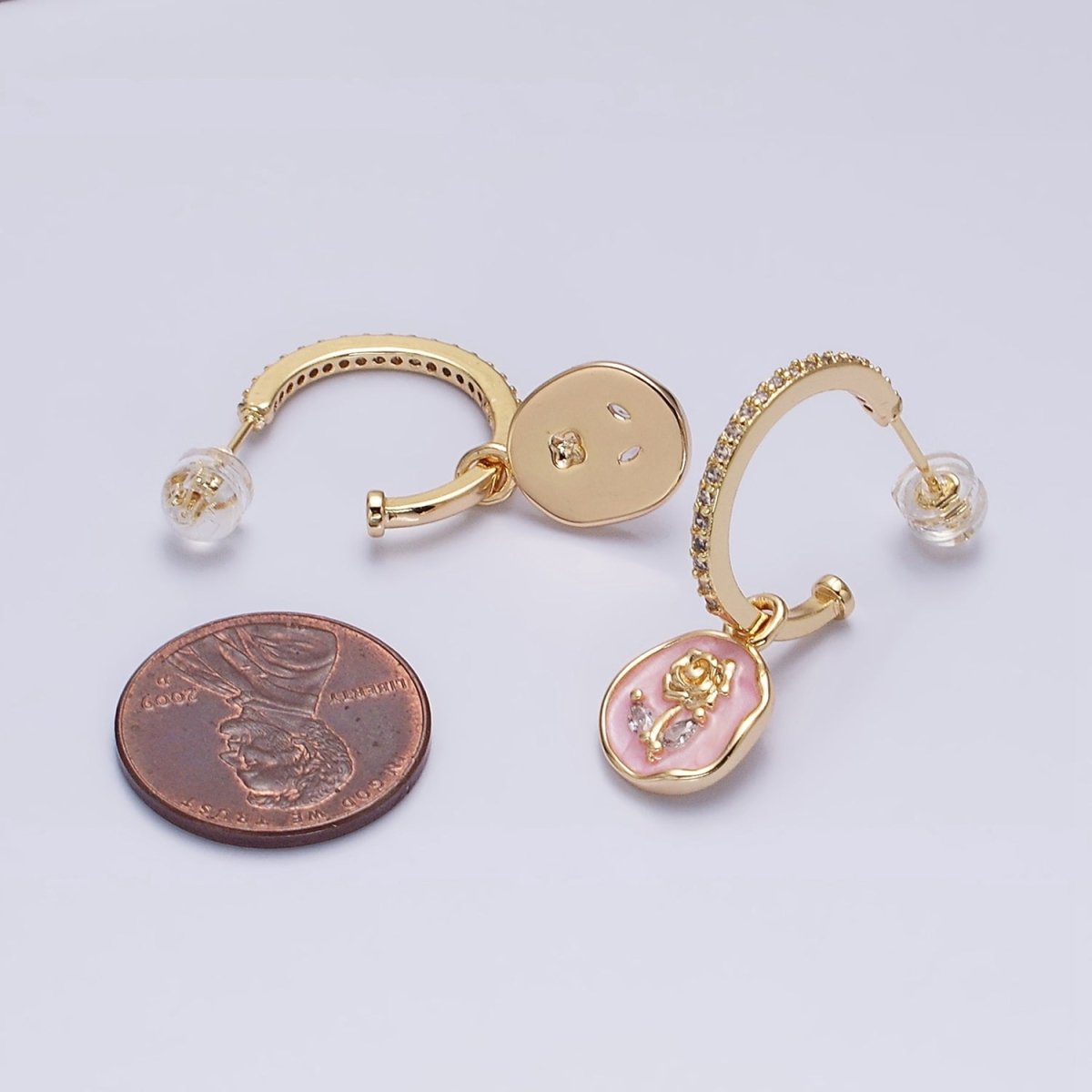16K Gold Filled Rose Flower Marquise White, Pink Enamel Drop Micro Paved C-Shaped Hoop Earrings in Gold & Silver | AD1012 - AD1015