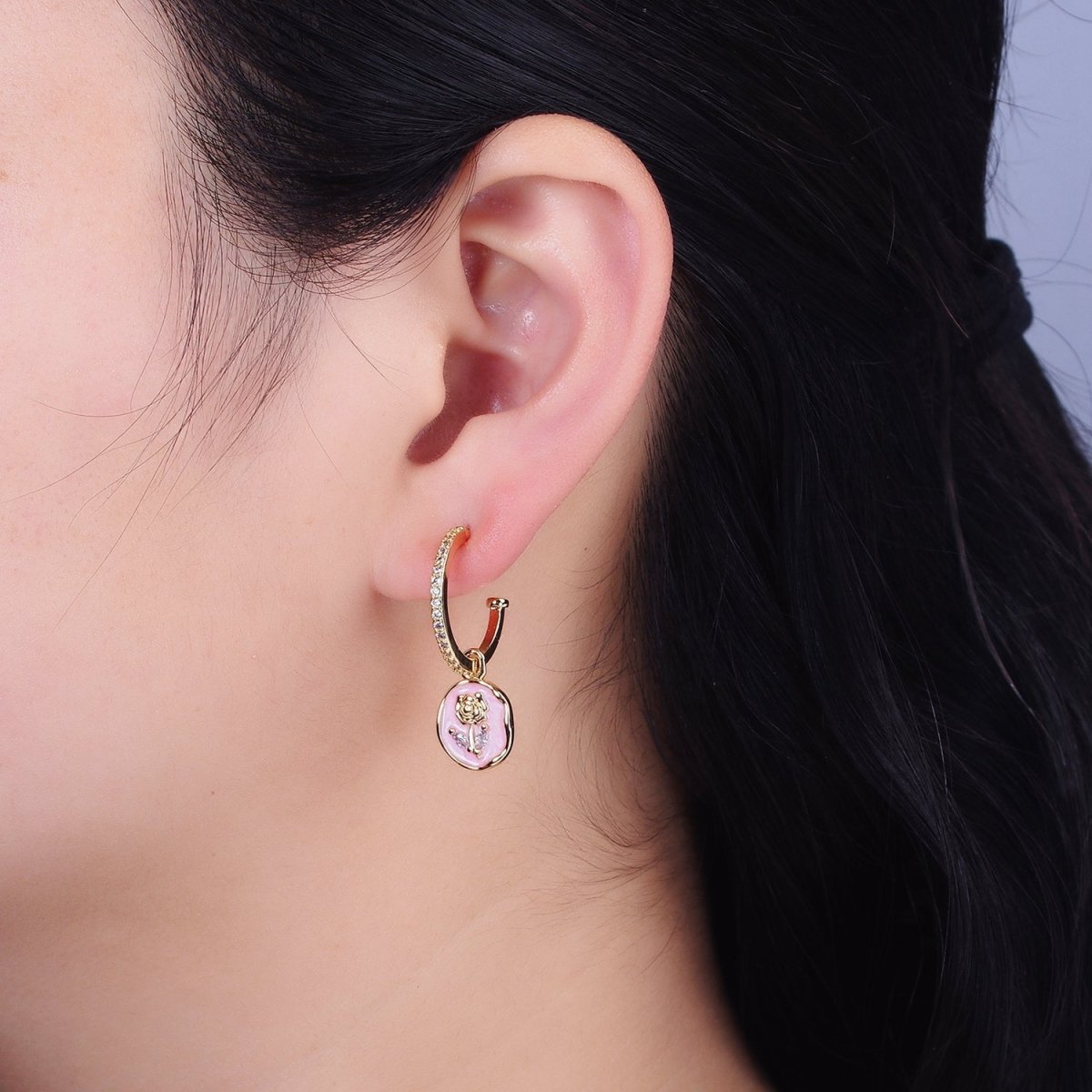 16K Gold Filled Rose Flower Marquise White, Pink Enamel Drop Micro Paved C-Shaped Hoop Earrings in Gold & Silver | AD1012 - AD1015