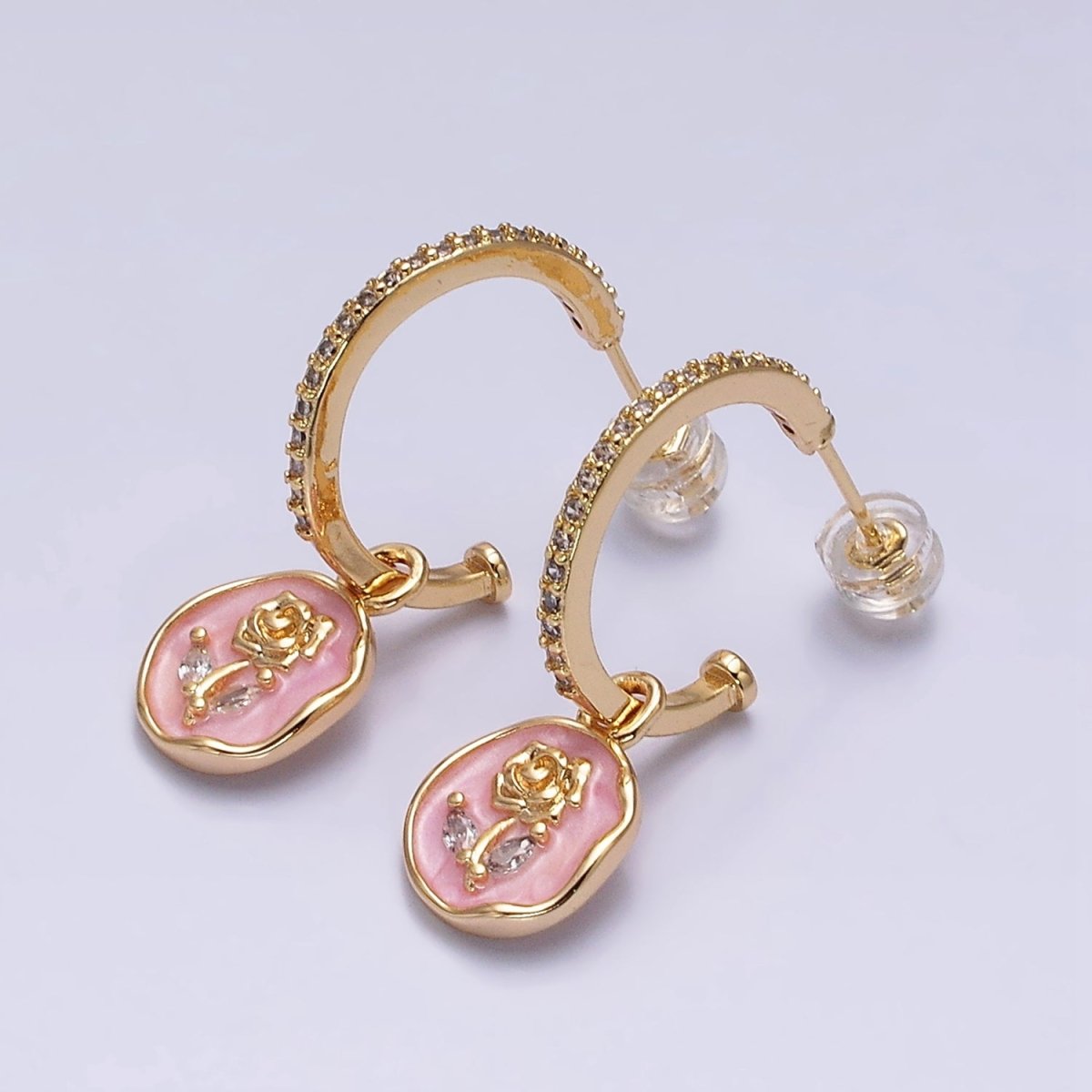 16K Gold Filled Rose Flower Marquise White, Pink Enamel Drop Micro Paved C-Shaped Hoop Earrings in Gold & Silver | AD1012 - AD1015