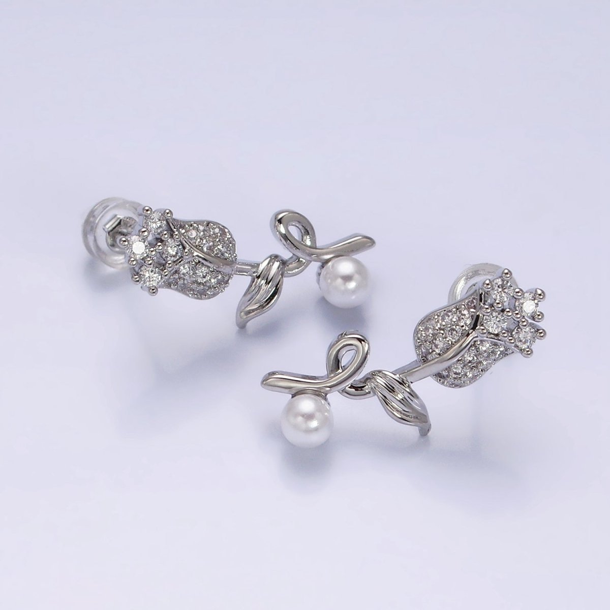 16K Gold Filled Rose Flower Micro Paved CZ Pearl Stud Earrings | AD-321 AD-322