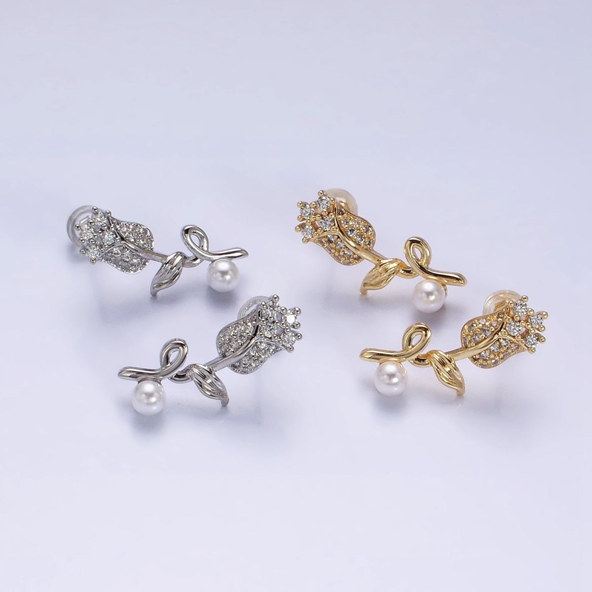 16K Gold Filled Rose Flower Micro Paved CZ Pearl Stud Earrings | AD-321 AD-322