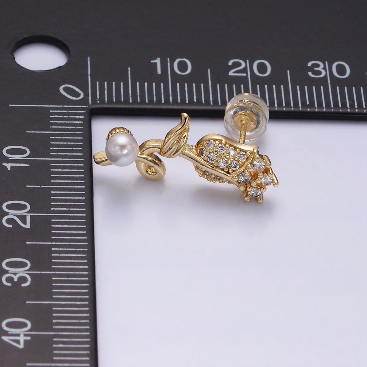 16K Gold Filled Rose Flower Micro Paved CZ Pearl Stud Earrings | AD-321 AD-322