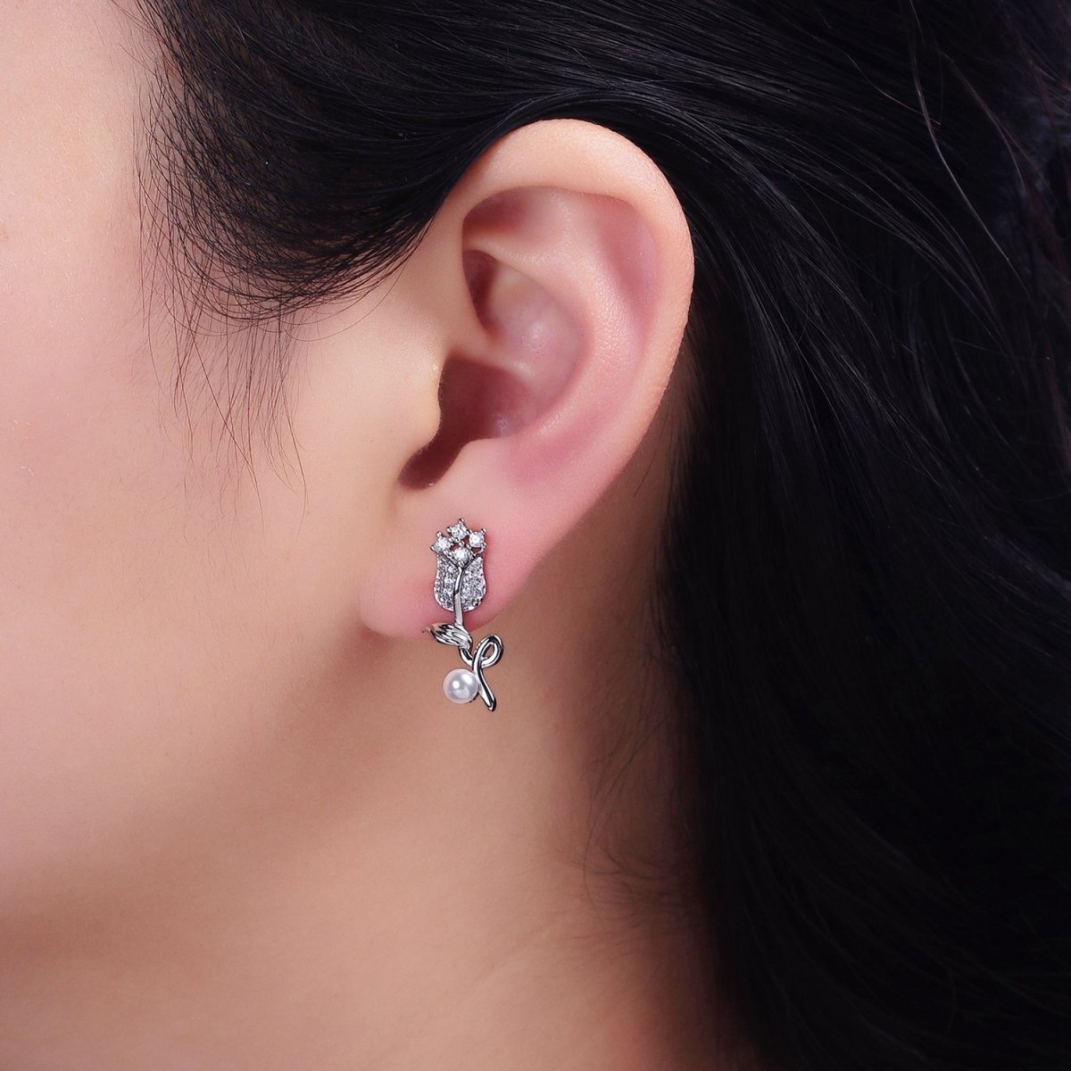 16K Gold Filled Rose Flower Micro Paved CZ Pearl Stud Earrings | AD-321 AD-322