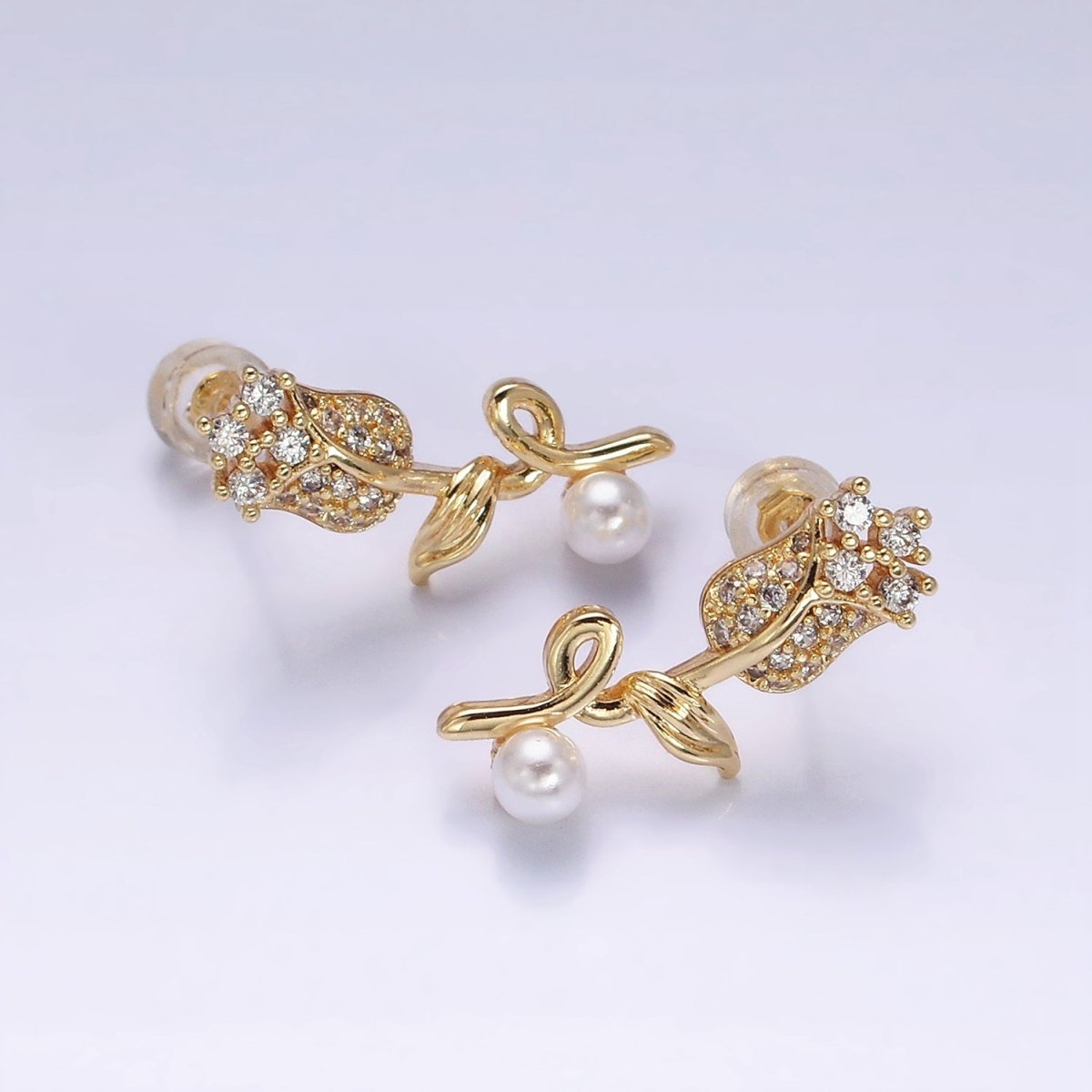 16K Gold Filled Rose Flower Micro Paved CZ Pearl Stud Earrings | AD-321 AD-322