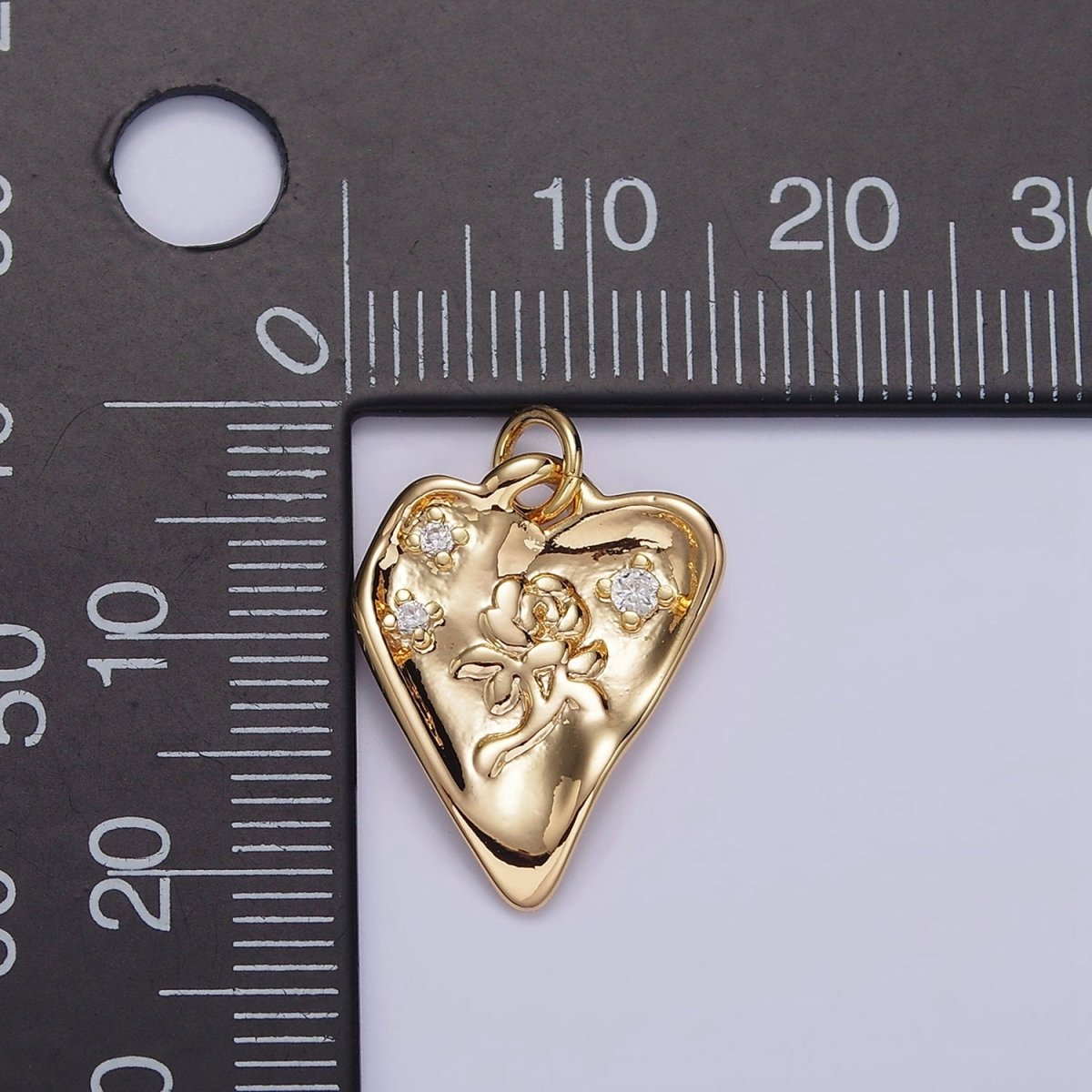 16K Gold Filled Rose Flower Triple CZ Hammered Heart Charm | N1008