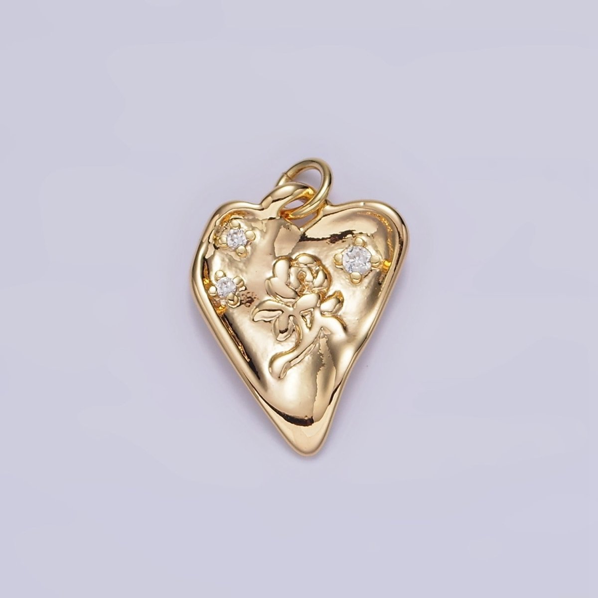 16K Gold Filled Rose Flower Triple CZ Hammered Heart Charm | N1008