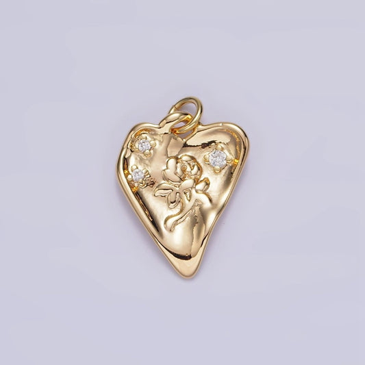 16K Gold Filled Rose Flower Triple CZ Hammered Heart Charm | N1008