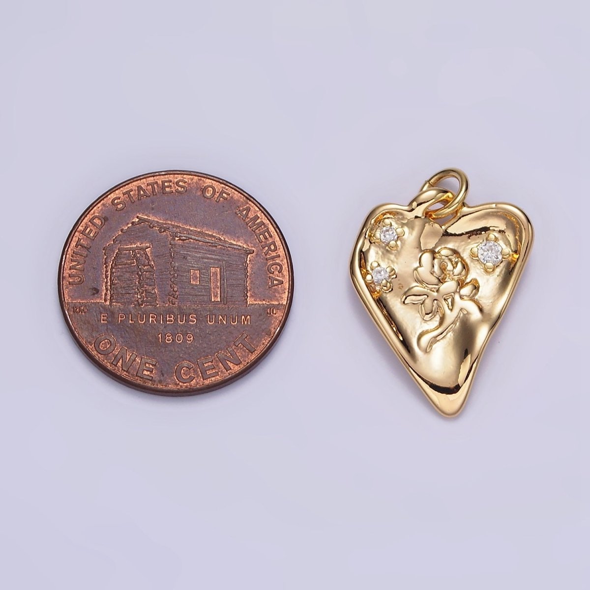 16K Gold Filled Rose Flower Triple CZ Hammered Heart Charm | N1008