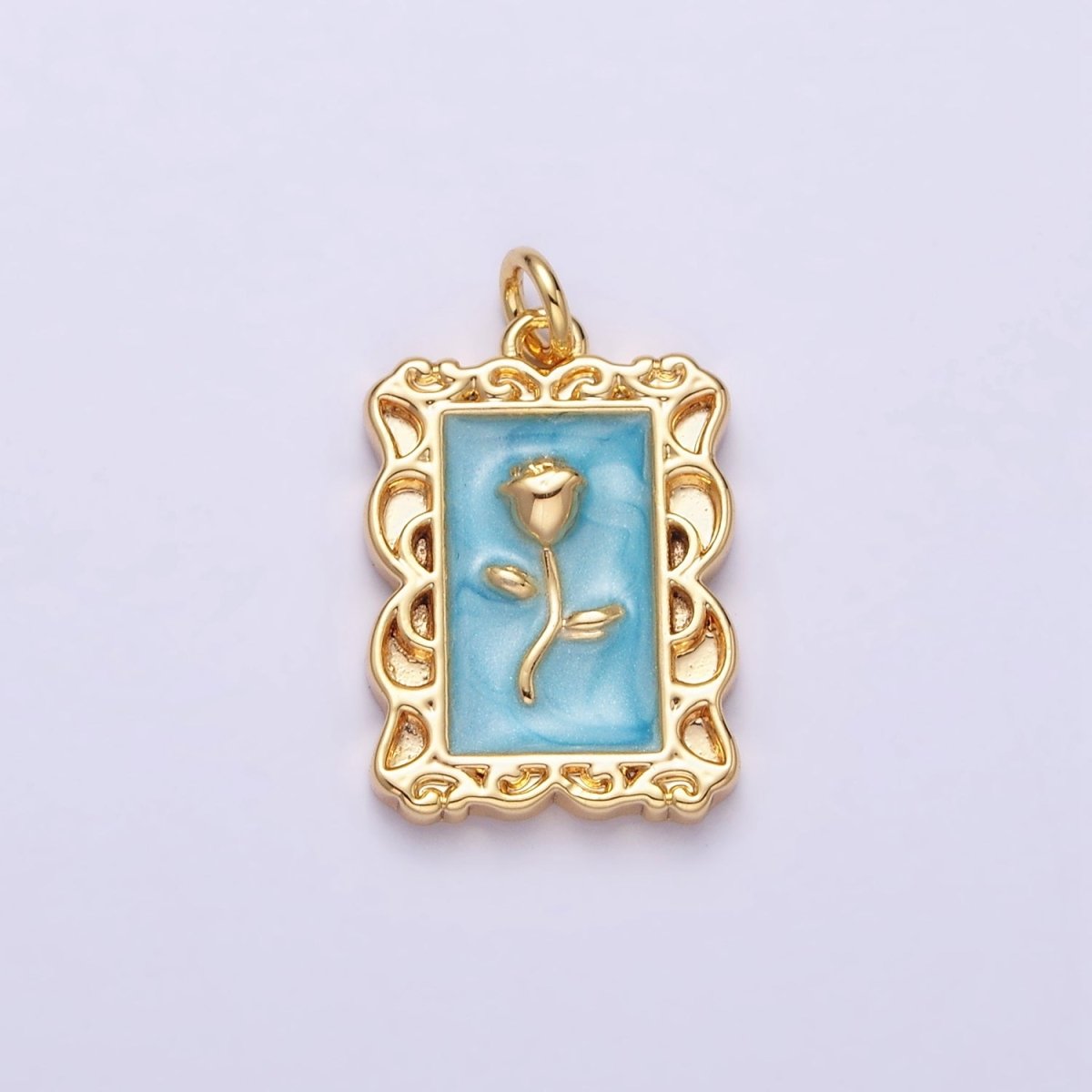 16K Gold Filled Rose Flower White, Blue, Pink Sparkly Enamel Rectangular Charm in Gold & Silver | AC1350 - AC1355
