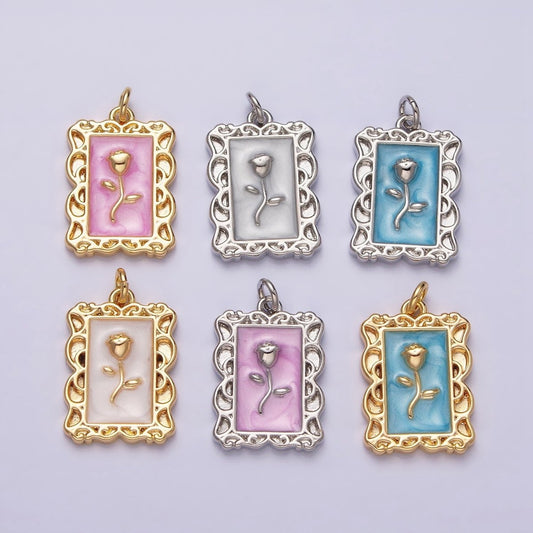 16K Gold Filled Rose Flower White, Blue, Pink Sparkly Enamel Rectangular Charm in Gold & Silver | AC1350 - AC1355