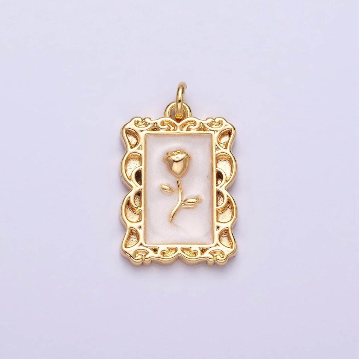 16K Gold Filled Rose Flower White, Blue, Pink Sparkly Enamel Rectangular Charm in Gold & Silver | AC1350 - AC1355