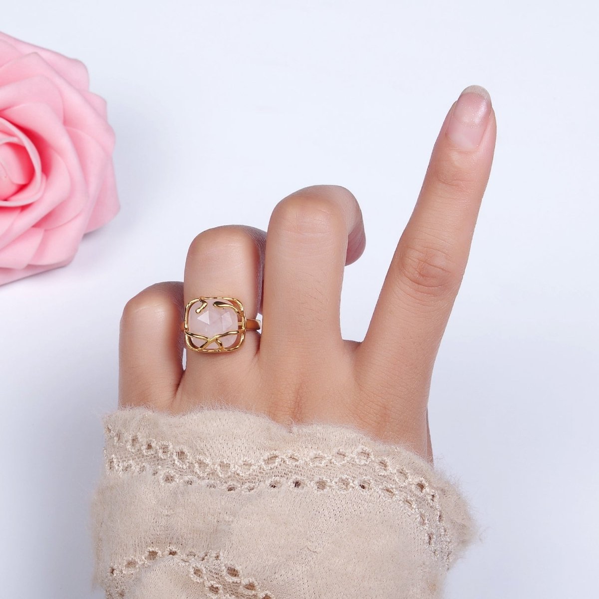 16K Gold Filled Rose Quartz, Labradorite Multifaceted Gemstone Molten Drip Ring | O-611