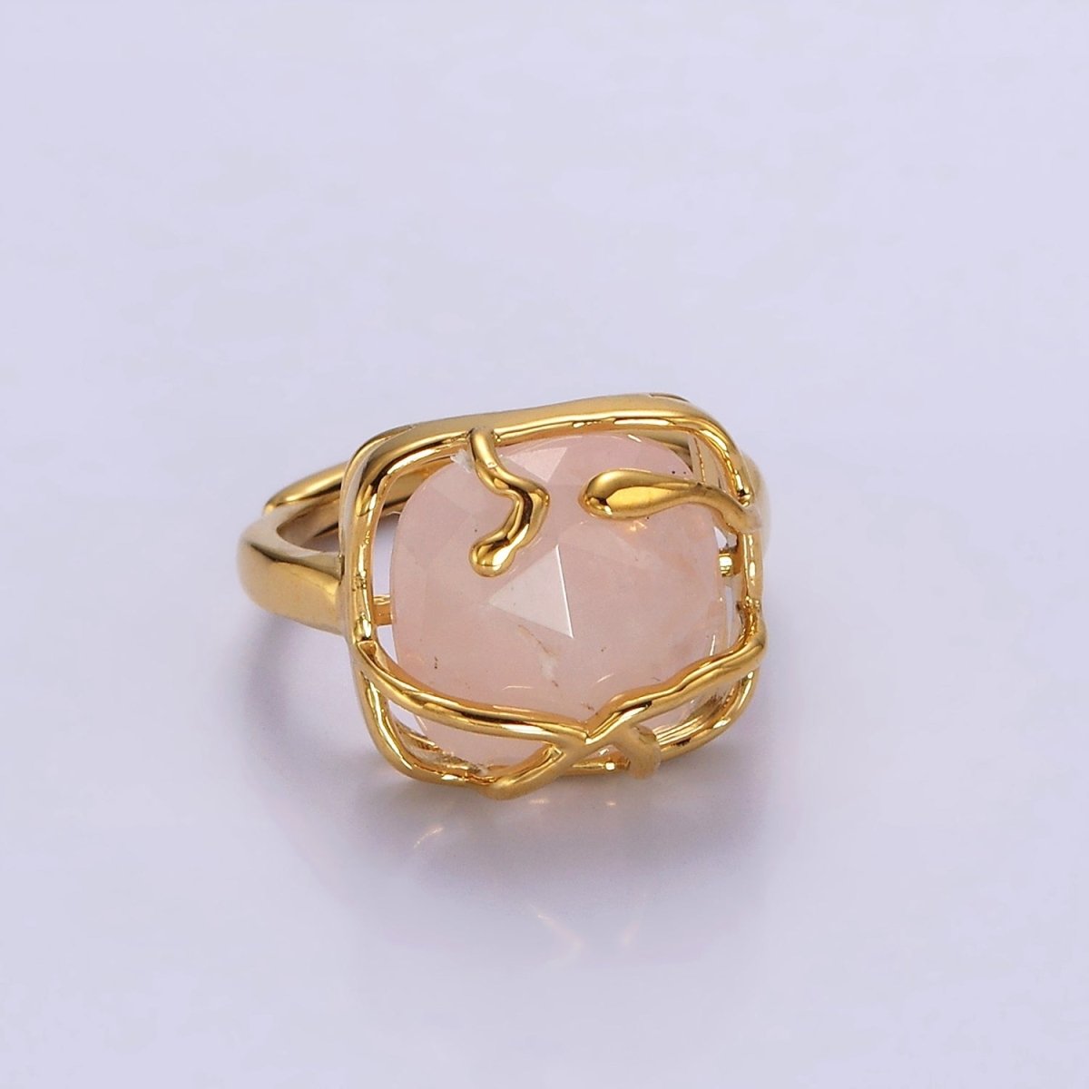 16K Gold Filled Rose Quartz, Labradorite Multifaceted Gemstone Molten Drip Ring | O-611