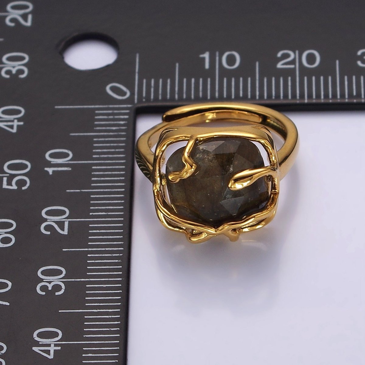 16K Gold Filled Rose Quartz, Labradorite Multifaceted Gemstone Molten Drip Ring | O-611