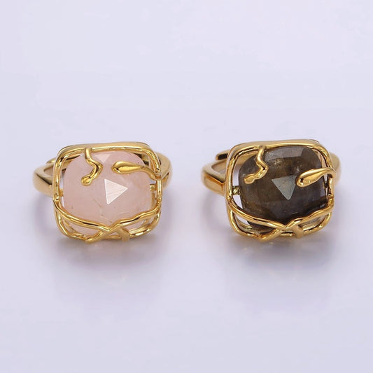 16K Gold Filled Rose Quartz, Labradorite Multifaceted Gemstone Molten Drip Ring | O-611