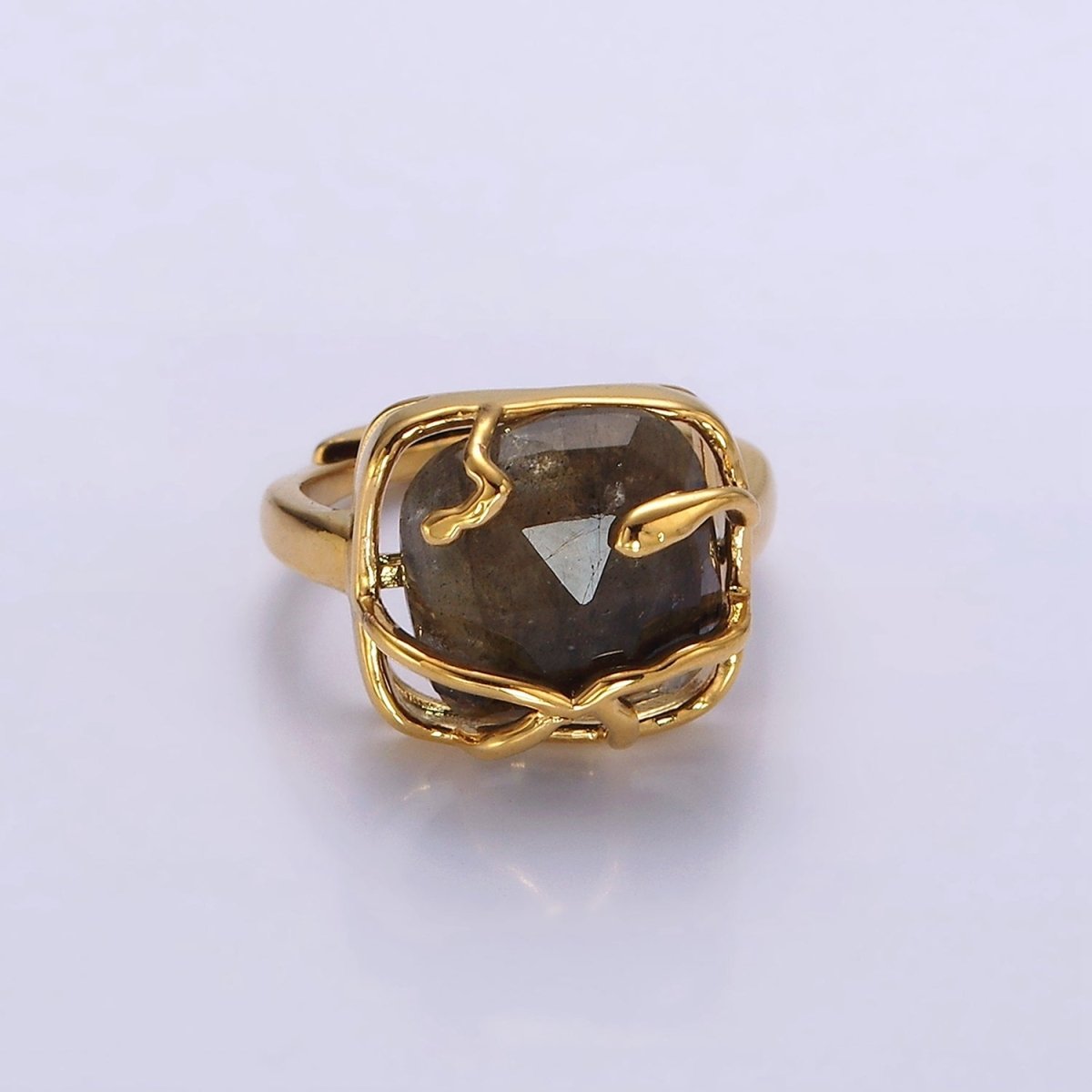 16K Gold Filled Rose Quartz, Labradorite Multifaceted Gemstone Molten Drip Ring | O-611