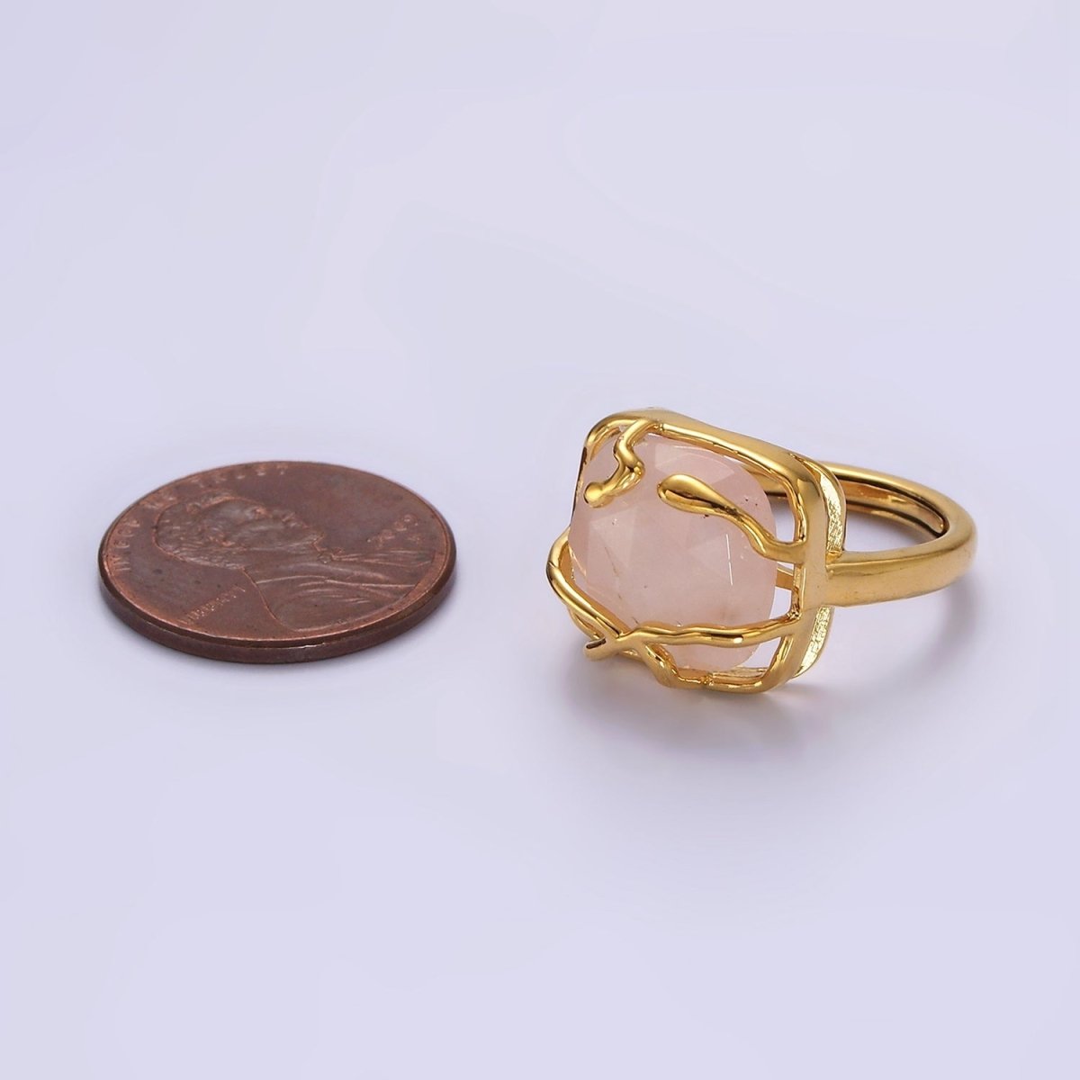 16K Gold Filled Rose Quartz, Labradorite Multifaceted Gemstone Molten Drip Ring | O-611