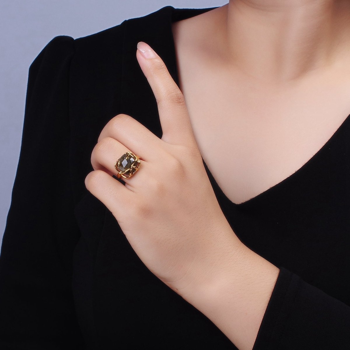 16K Gold Filled Rose Quartz, Labradorite Multifaceted Gemstone Molten Drip Ring | O-611
