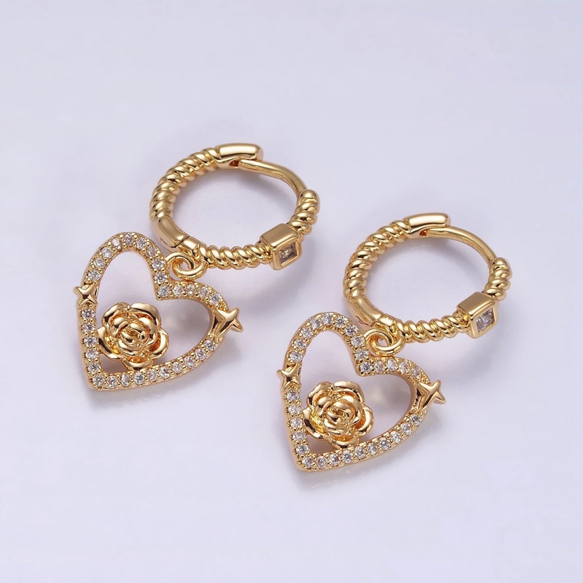 16K Gold Filled Rose Star Open Micro Paved Drop Twisted Heart CZ Huggie Earrings in Gold & Silver | AD1128 AD1129