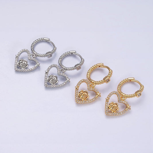 16K Gold Filled Rose Star Open Micro Paved Drop Twisted Heart CZ Huggie Earrings in Gold & Silver | AD1128 AD1129