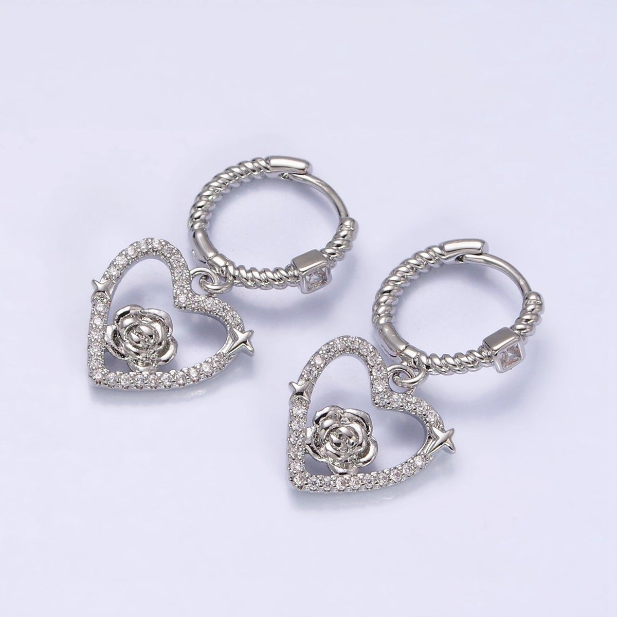 16K Gold Filled Rose Star Open Micro Paved Drop Twisted Heart CZ Huggie Earrings in Gold & Silver | AD1128 AD1129