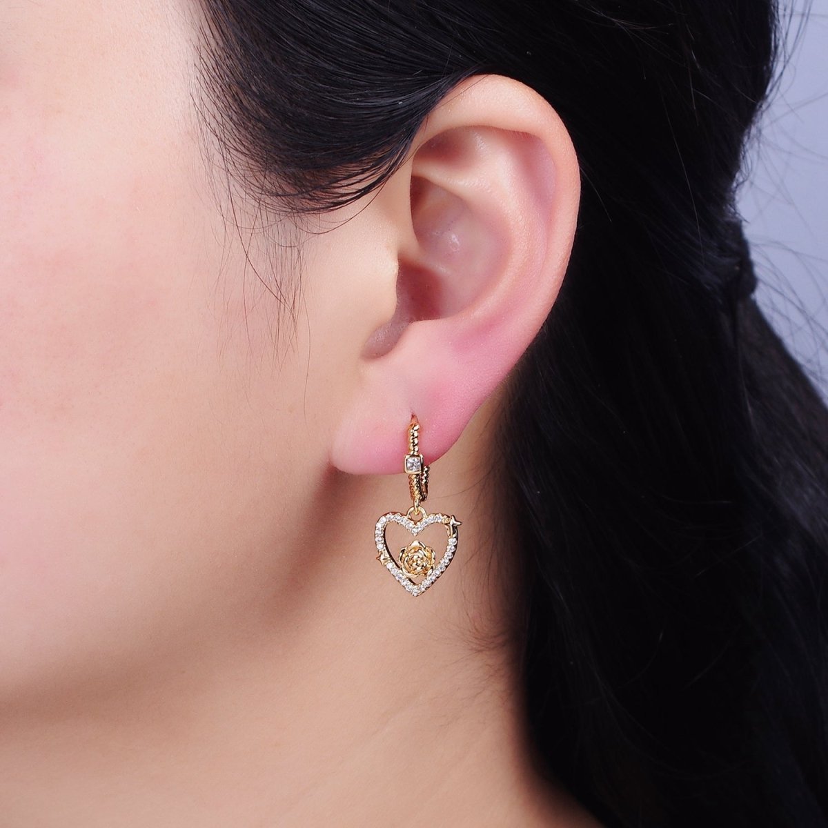 16K Gold Filled Rose Star Open Micro Paved Drop Twisted Heart CZ Huggie Earrings in Gold & Silver | AD1128 AD1129
