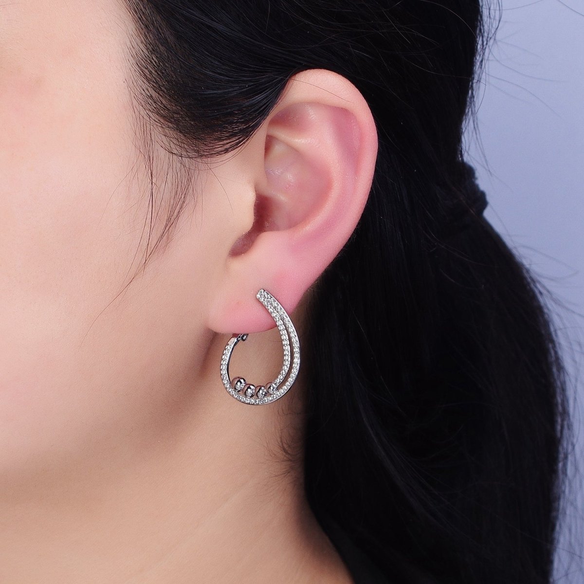 16K Gold Filled Round Beaded Bubble Double Bar Front-Facing Hinge Hoop Earrings in Gold & Silver | AD913 AD914