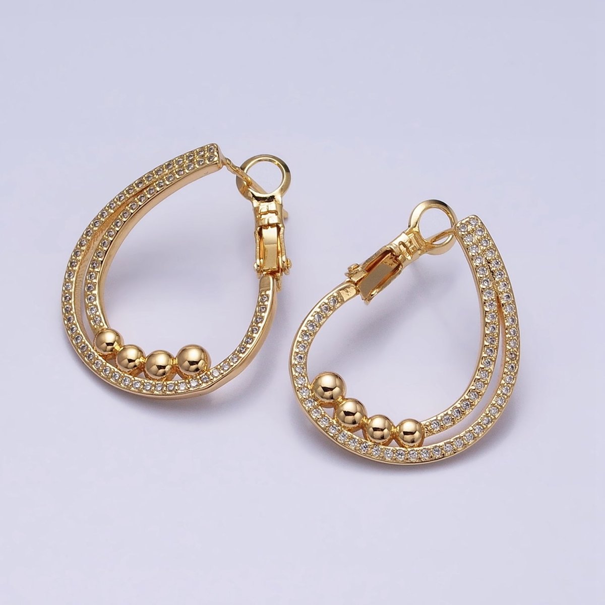 16K Gold Filled Round Beaded Bubble Double Bar Front-Facing Hinge Hoop Earrings in Gold & Silver | AD913 AD914