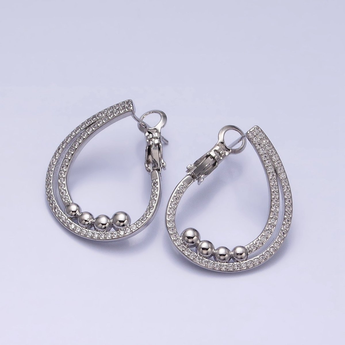 16K Gold Filled Round Beaded Bubble Double Bar Front-Facing Hinge Hoop Earrings in Gold & Silver | AD913 AD914