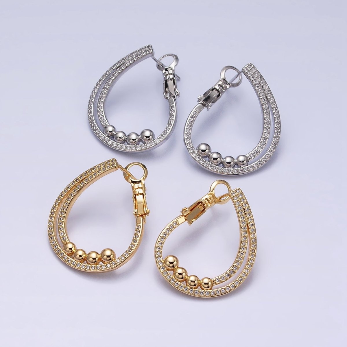 16K Gold Filled Round Beaded Bubble Double Bar Front-Facing Hinge Hoop Earrings in Gold & Silver | AD913 AD914